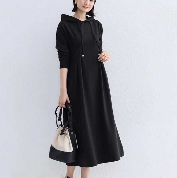 レディース ワンピース ロング 長袖 フード フレア Aライン ウエストマーク ハイウエスト かわいい 大人可愛い きれいめ シンプル カジュアル おしゃれ かっこいい こなれ感 ガーリー 抜け感