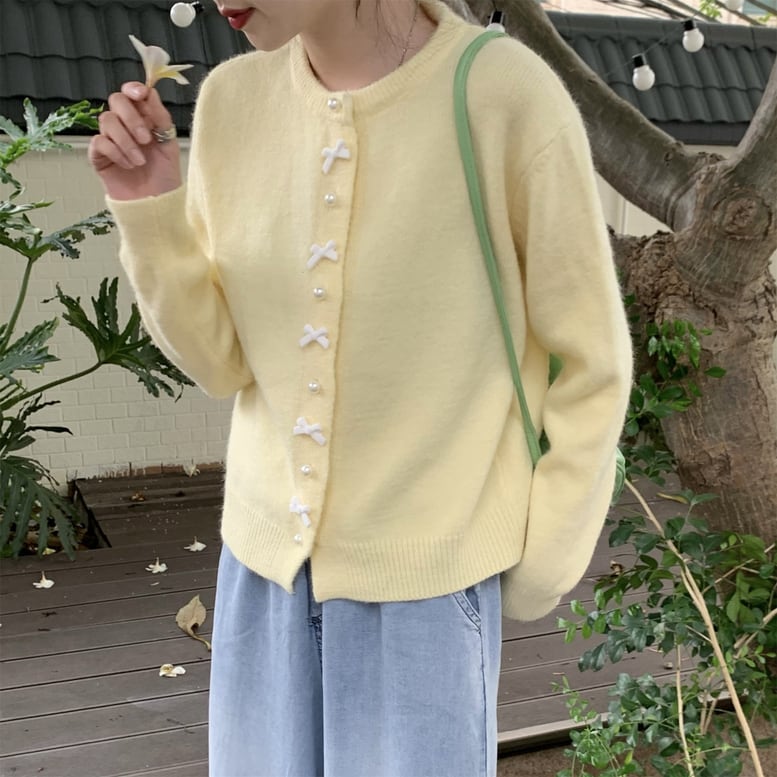 4color レディース ニットカーディガン クルーネック パール リボン 長袖