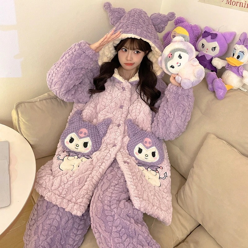 通学 冬のパジャマ女サンゴの綿毛厚手加絨3層の綿入れの上着連帽スリーパー秋冬クロミの部屋着 保育園 小学部