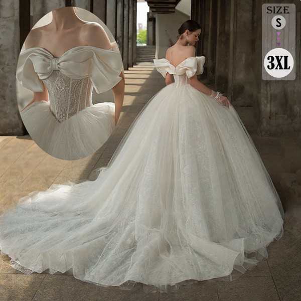 【新品】花嫁 ウェディングドレス オフショルダー 袖あり トレーンドレス Aライン 白ドレス ワンピース プリンセス 結婚式 二次会 披露宴 前撮り 後撮り 撮影用 フォトウェディング 小さいサイズ