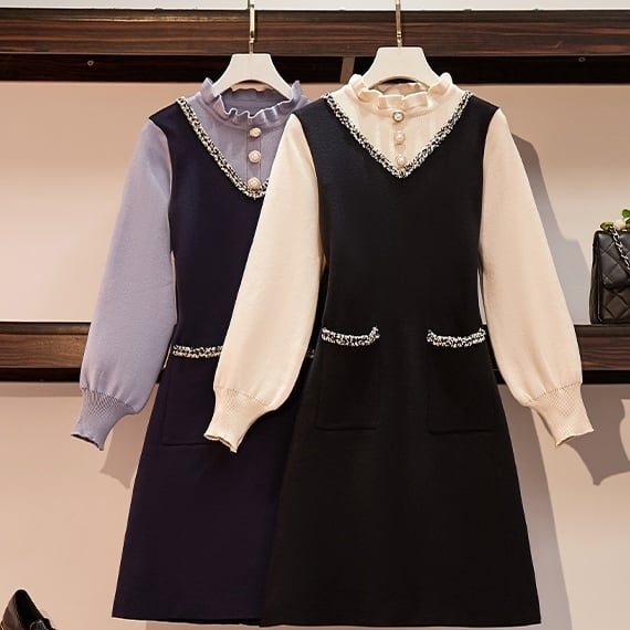 レディース ワンピース 膝上 ミニ 長袖 ビショップスリーブ ラウンドネック フリル Aライン