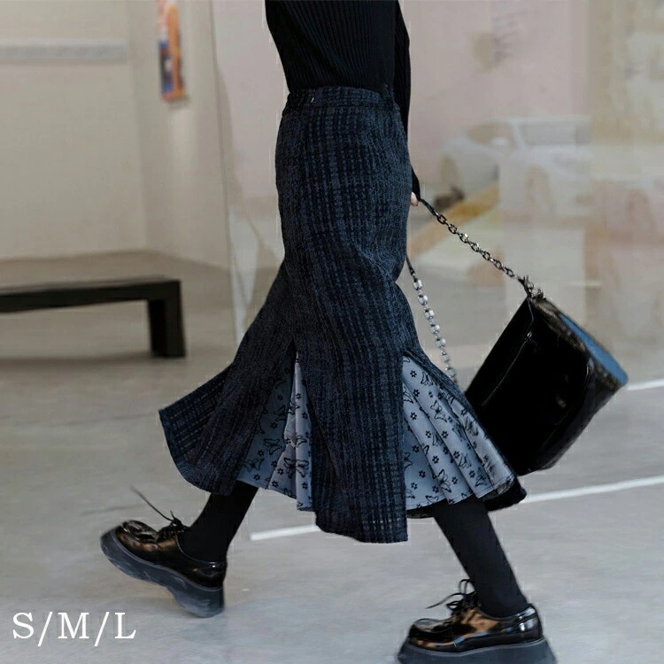 チェック柄×チュール切替フレアスカートロングスカートフレアスカートレディーススカートボトムスロング丈花柄チュール配色異素材かわいいきれいめフェミニンカジュアル通勤春秋冬