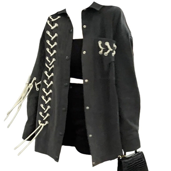 トップス シャツ ブラウス 袖あり 長袖 Vネック 襟付き アシンメトリー 切り替えデザイン リボン 前開き 編み込み デニム カラーデニム かわいい 大人可愛い カジュアル おしゃれ お洒落