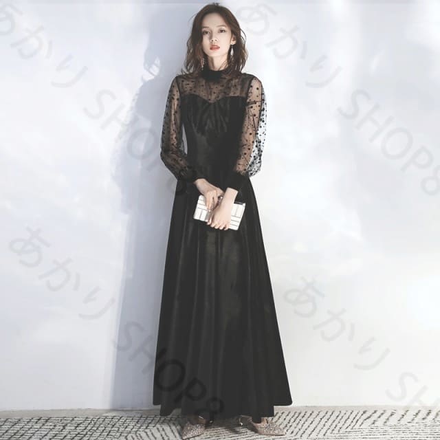 おすすめ品パーティードレス ロング 袖あり 結婚式 お呼ばれ ドレス シースルー袖 長袖 ロングドレス 黒 大きいサイズ 3L 4L 小さいサイズ 韓国 ワンピース スタンドカラー ハイネック Aライ