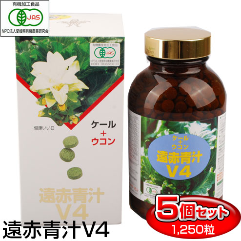 遠赤青汁 V4 1250粒 ビン 5箱セット＋1箱サービス 合計6箱お届け おつきあいや外食のお伴に 1040-5 有機ケール＋有機ウコン 美容と健康におすすめ