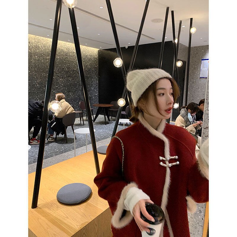 新作追加 小さなレトロなクリスマスレッドウールハイウエストスカートツーピースレディーススーツ