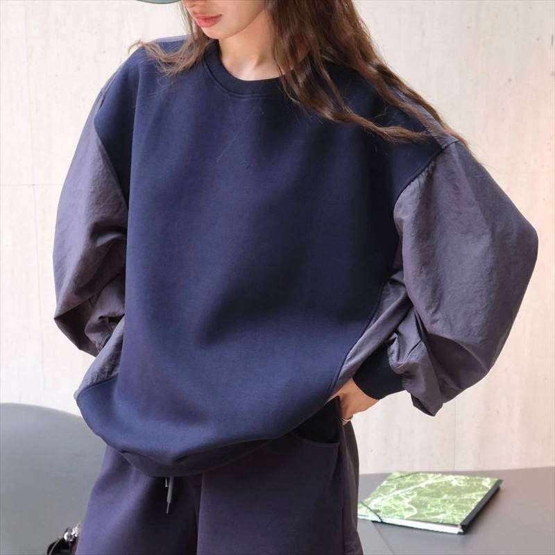 トップス レディース カットソー プルオーバー ワイド 個性的 春 秋 冬 長袖 ボリューム袖 ラウンドネック 切り替えデザイン ネイビー オフホワイト 無地 フリーサイズ 異素材MIX オフィス 学