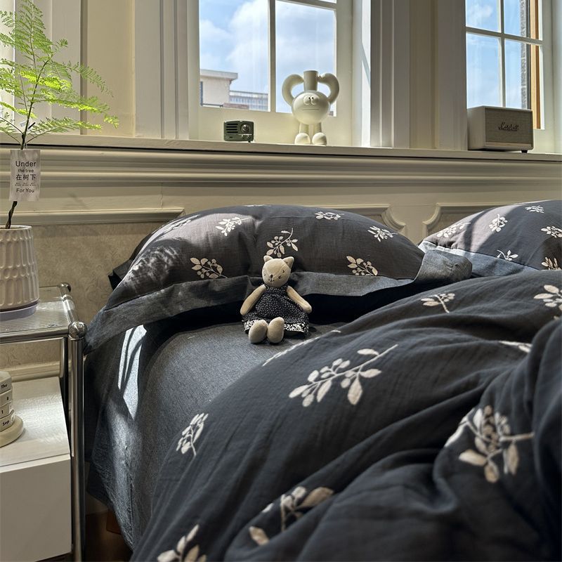 60本の全綿二重糸色織りジャカード黒復古風布団カバー4セット1.5m1.8民宿超柔らかい