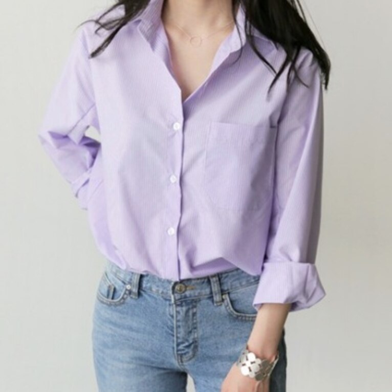 トップス デート かわいい 大人可愛い きれいめ シンプル カジュアル 大人 上品 おしゃれ お洒落 長袖 襟付き シャツ ストライプ オフィス 通勤 通学 ママ 着回し レイヤード 韓国パープル 4,623円