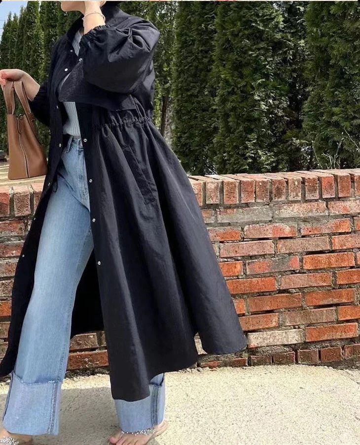 【急速出荷!】スタンドカラー ウインドブレーカー ジャケット レディース 春 秋 アウター 羽織り ロング丈 長袖 長袖ジャケット ロングジャケット カジュアル シンプル コットン ブラック 黒 ホワ