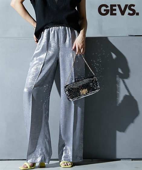 ロングパンツ 大きいサイズ 箔プリントワイドパンツ ペチパンツ付 GEVS.