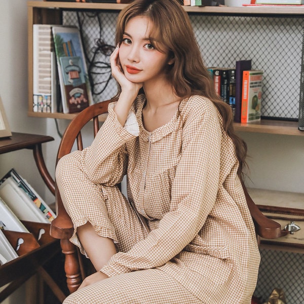 ステイ 二重 ヨルミョン 小チェック フリルツーピース 純綿 パジャマセット 5,560円