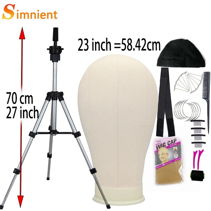 トレーニング用のマネキンヘッド 22/23インチ キャンバス上 かつら用 Tピン取り付けキット付きヘアブラシキット 調整可能な三脚 23white with 70cm