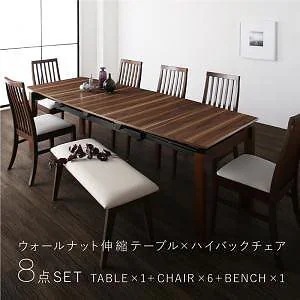 [組立設置付]天然木ウォールナット材ハイバックチェアダイニング [オースティン] 8点セット(テーブル+チェア6脚+ベンチ1脚) [チェア]ブラック6脚