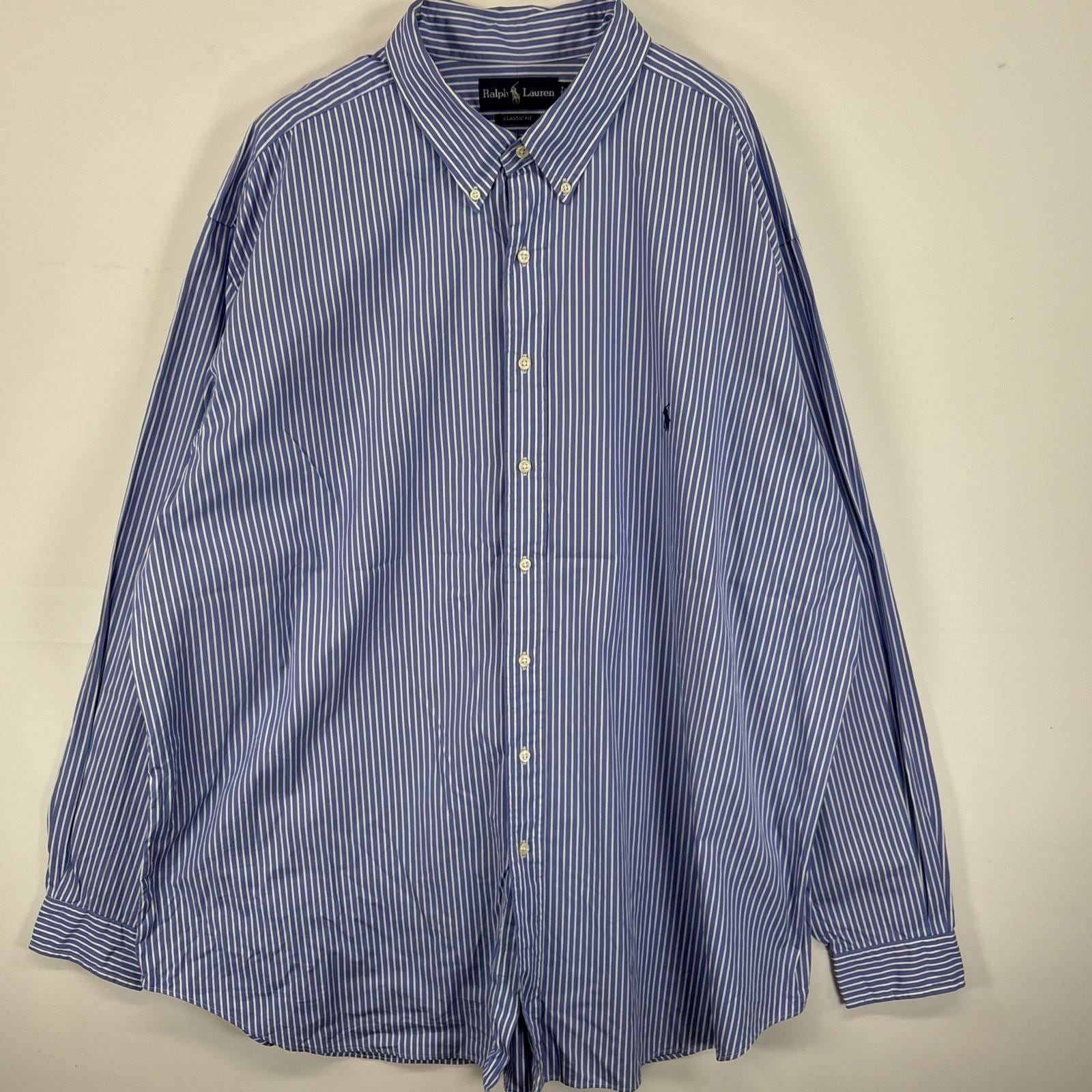 古着 長袖シャツ ボタンダウンシャツ ワンポイント ロゴ 刺繍 大きいサイズ 3XLT ブルー系 ストライプ メンズ