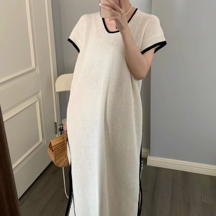 レディース ワンピース ニットワンピ ロング丈 半袖 袖あり Uネック 襟なし スリット サイドスリット ハイウエスト バイカラー かわいい 大人可愛い シンプル カジュアル おしゃれ レトロ