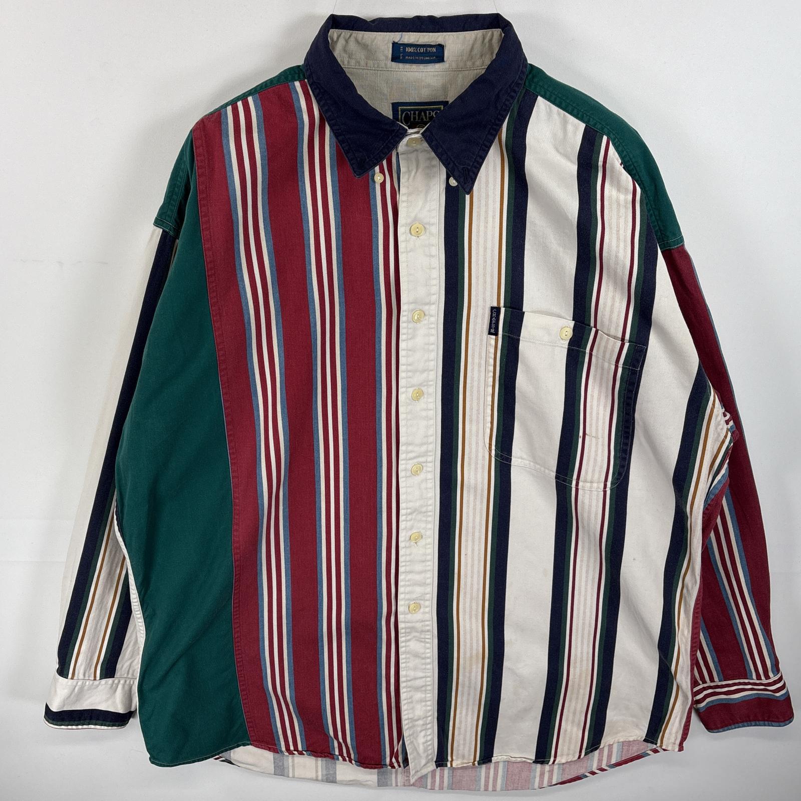 古着 80s/80年代 ヴィンテージ チャップスラルフローレン CHAPS RALPHLAUREN 長袖シャツ ボタンダウンシャツ 胸ポケ ストライプ L ホワイト系 マルチカラー メンズ