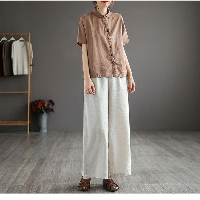 夏新作シャツ レディース 夏 半袖 ブラウス リネン 半そで 大きいサイズ 体型カバー 大人 ビッグシャツ　カジュアル 無地 チビ襟 涼しい お洒落 メール