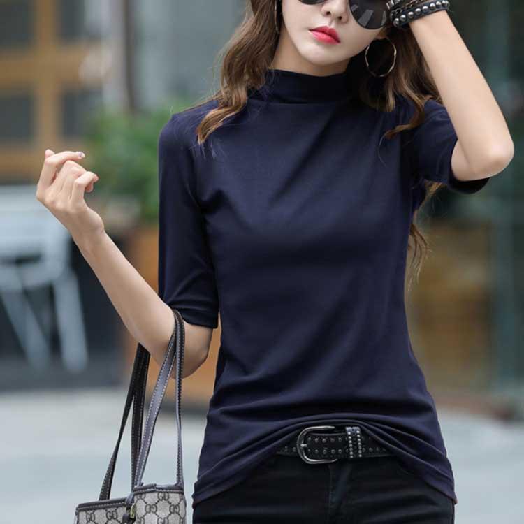 Tシャツ レディース 五分袖 トップス カットソー 無地 シンプル ハイネック インナーシャツ カジュアル プルオーバー 春秋夏 お洒落