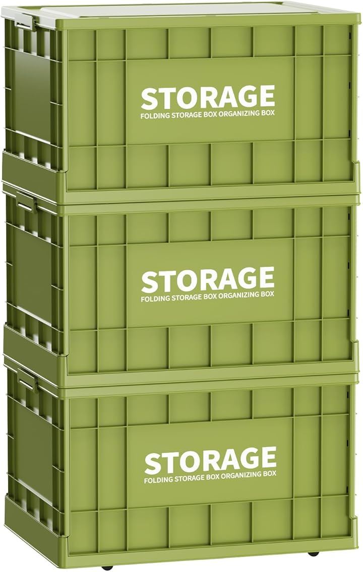 収納ボックス 折りたたみ式 大容量 コンテナボックス 蓋付き キャスター付き おしゃれ プラスチックケース クローゼット 押入れ 衣類(3個セット，オリーブグリーン, Large)