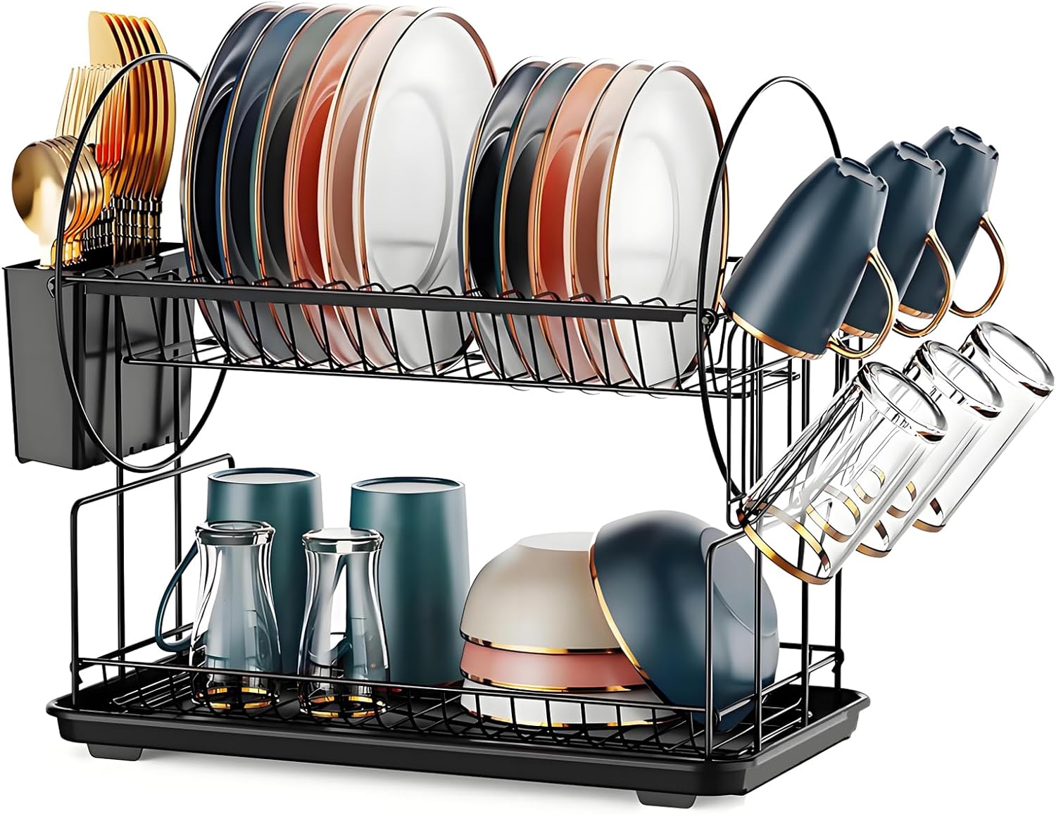 2段式水切りラック 食器乾燥用 大容量 幅42cm高さ36cm奥行23cm ブラック