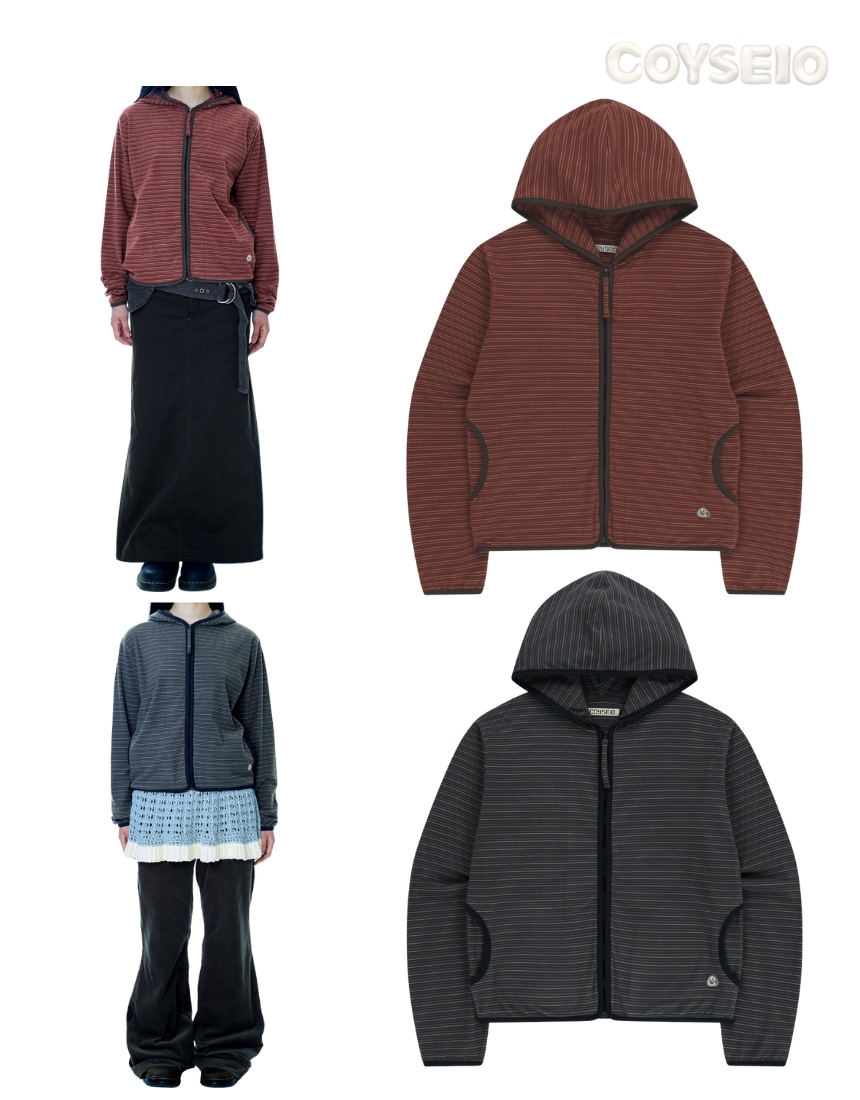 韓国限定 韓国人気 SNS 流行 トレンド ファッション 上着 ジャケット フード STRIPE FLEECE HOODIE ZIP-UP RED/CHARCOAL