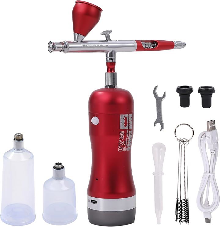 充電式 エアブラシ エアロクロス コードレス ハンドピース コンプレッサー USB type-C 小型 プラモ 模型 塗装 アート ペイント(メタリックレッド, ダブルアクション)