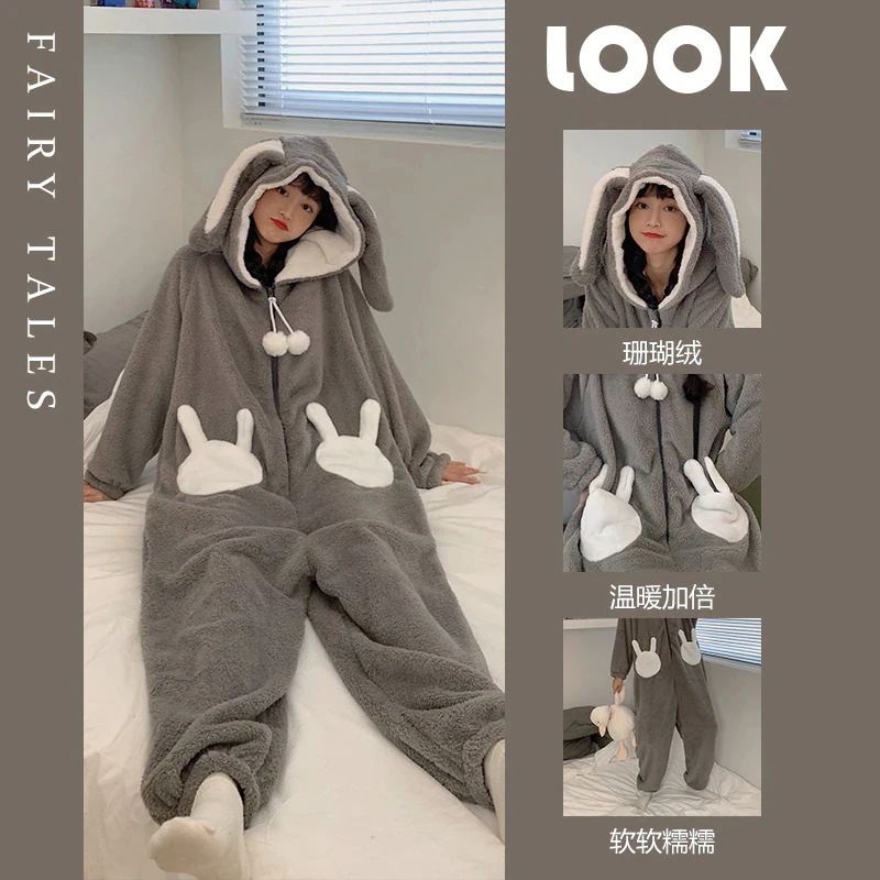 Qoo10限定 着ぐるみ パジャマ ルームウェア 安い 大人 うさぎ もこもこ レディース 部屋着 可愛い オールイ 寝間着 寝巻き