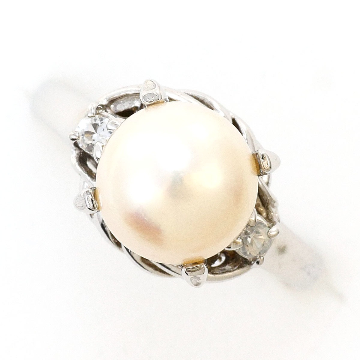 K14 14金 WG ホワイトゴールド リング・指輪 10号 パール（真珠） ホワイトトパーズ 0.10ct 総重量約3.4g ジュエリー 中古