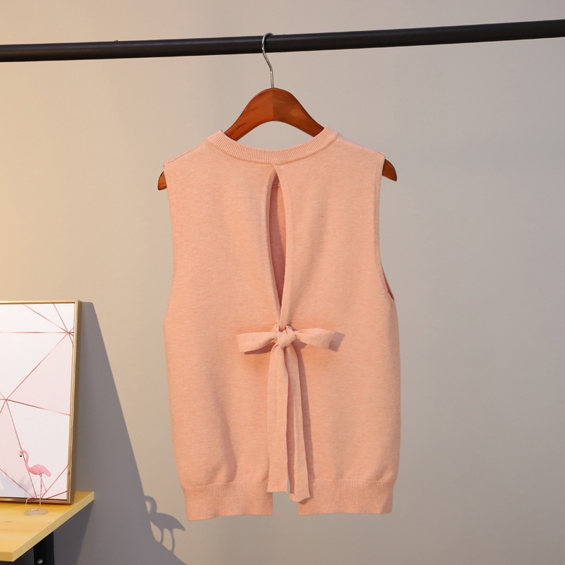トップス ニットソー ベスト 袖なし ノースリーブ ラウンドネック クルーネック リボン バックスリット バックシャン バックコンシャス 大人可愛い きれいめ シンプル 大人 上品 大人女子 ガーリ
