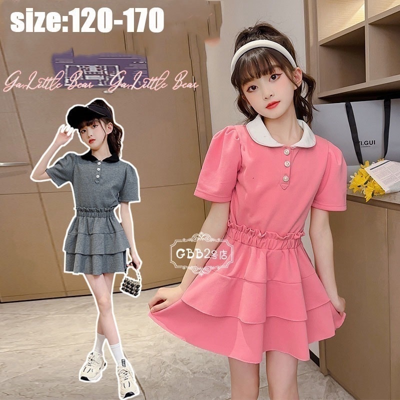 【即納】韓国子供服 セットアップ 女の子 夏 半袖 ポロシャツ スカート カジュアル リゾート 上下セット キッズ 可愛い きれいめ 通学 ピンク グレー 120 130 140 150 160 17 5,192円