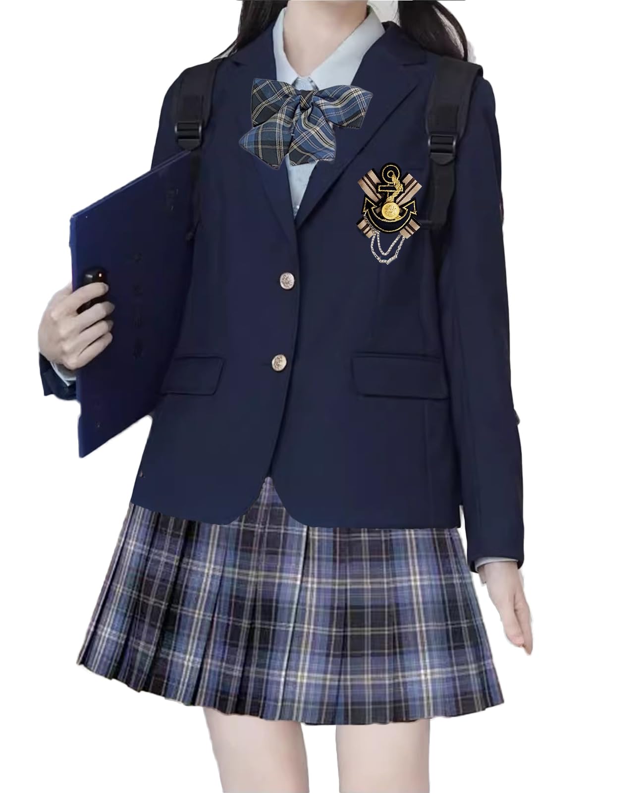 女子高生 制服 ブレザー JK制服 コスプレ衣装 5点セット リボン シャツ プリーツスカート チェック セット 通学 通勤 森ガール 学園祭 ネイビーM 32068
