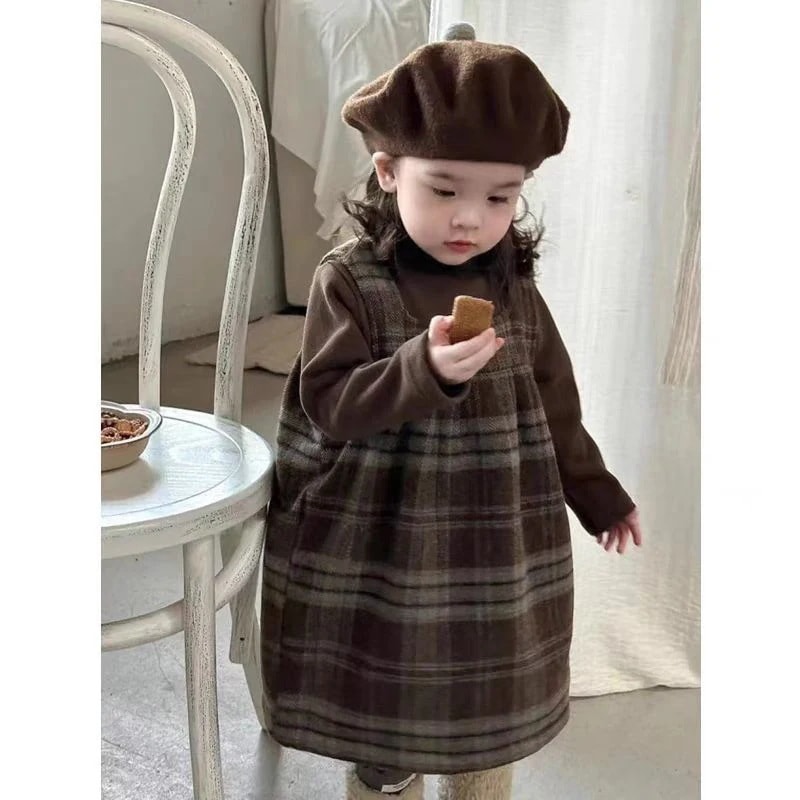 キッズ セットアップ韓国子供服26新作 女の子用ワンピースセット 子供用長袖トップス ウールベストワンピースセット
