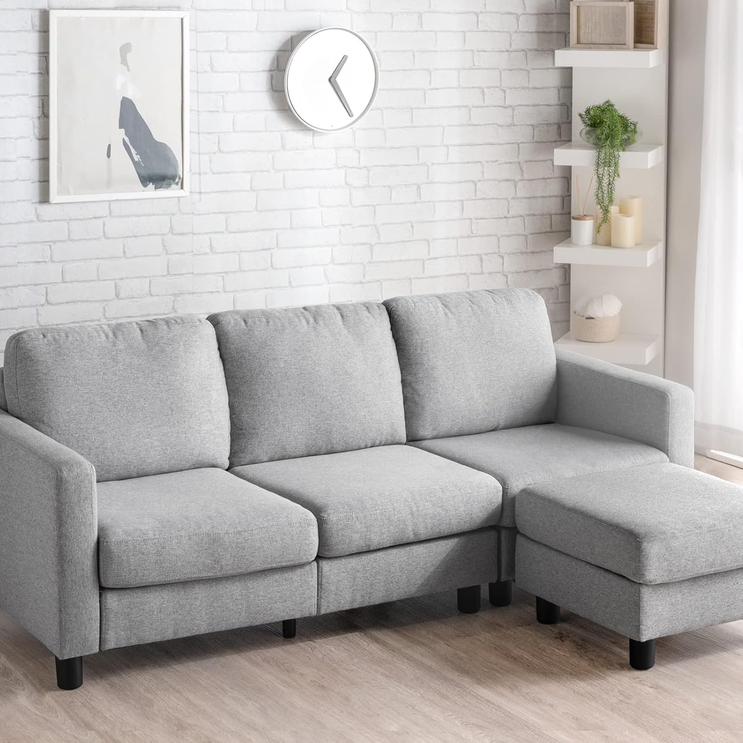 42500023 (81550) 3-Seater Sofa, L-Shaped Couch, Washable Covers, Pocket Coil, Compact, Fabric, Ash G