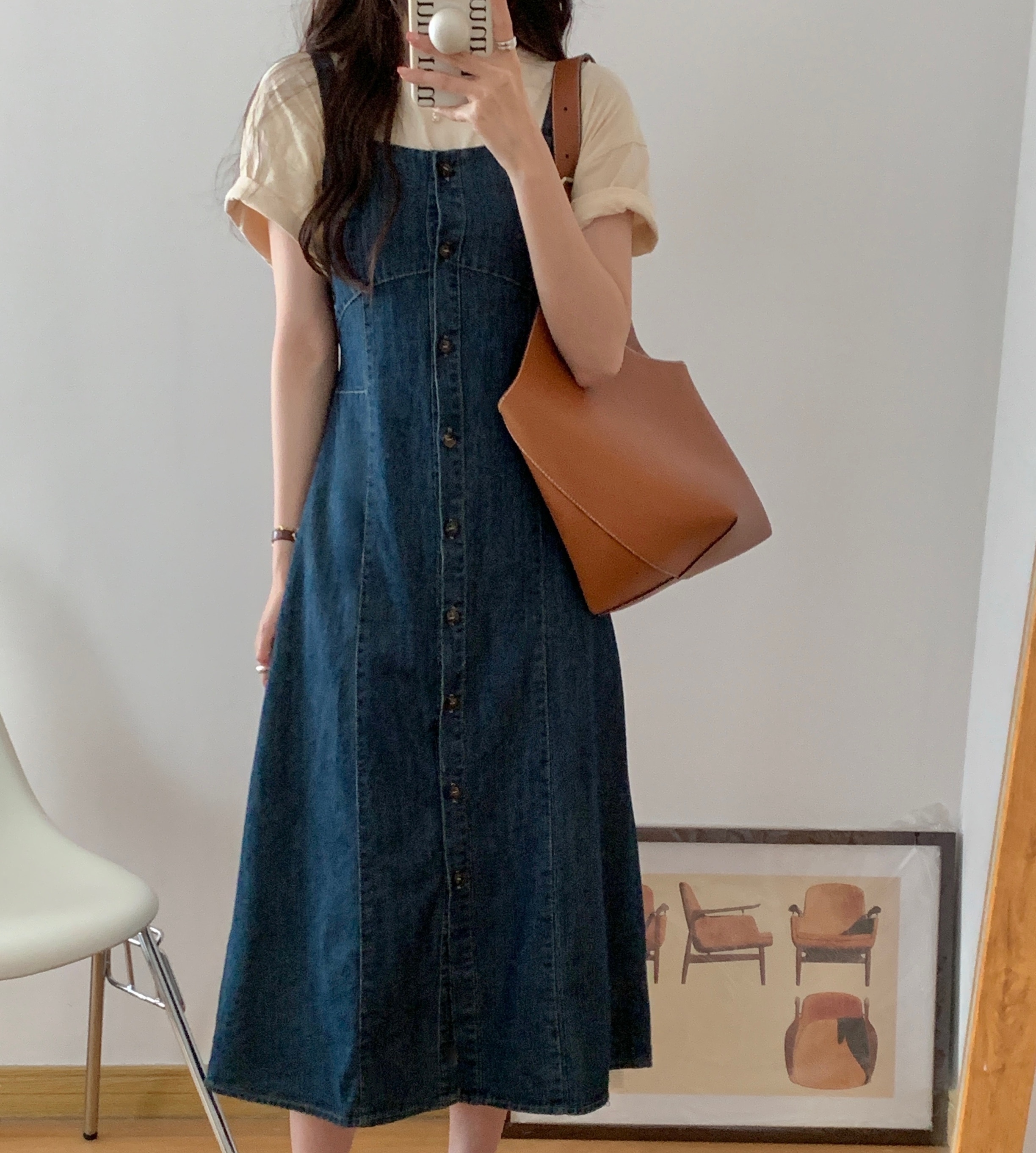 レディース ワンピース デニム ジャンパースカート 膝下 ノースリーブ スクエアネック Aライン ストリート ブルーデニム かわいい 大人可愛い シンプル カジュアル おしゃれ ガーリー ラブリー