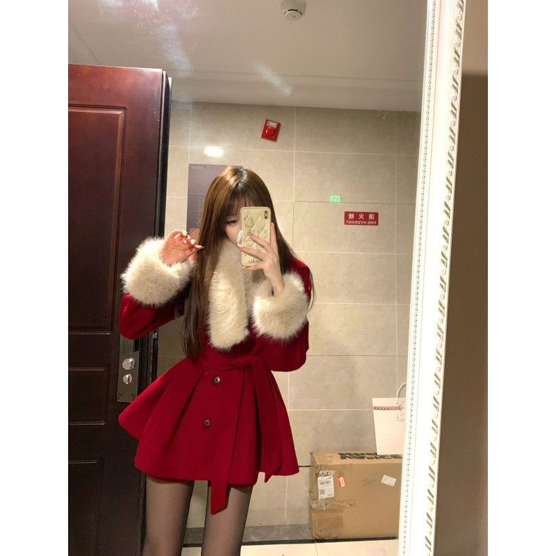 【送料無料】サンタコスプレ クリスマス 秋冬 ヴィンテージ 赤 ツイード ウエスト ヘアカラーコート コート ショートパンツ ハイエンド フレンチ スーツ 韓国