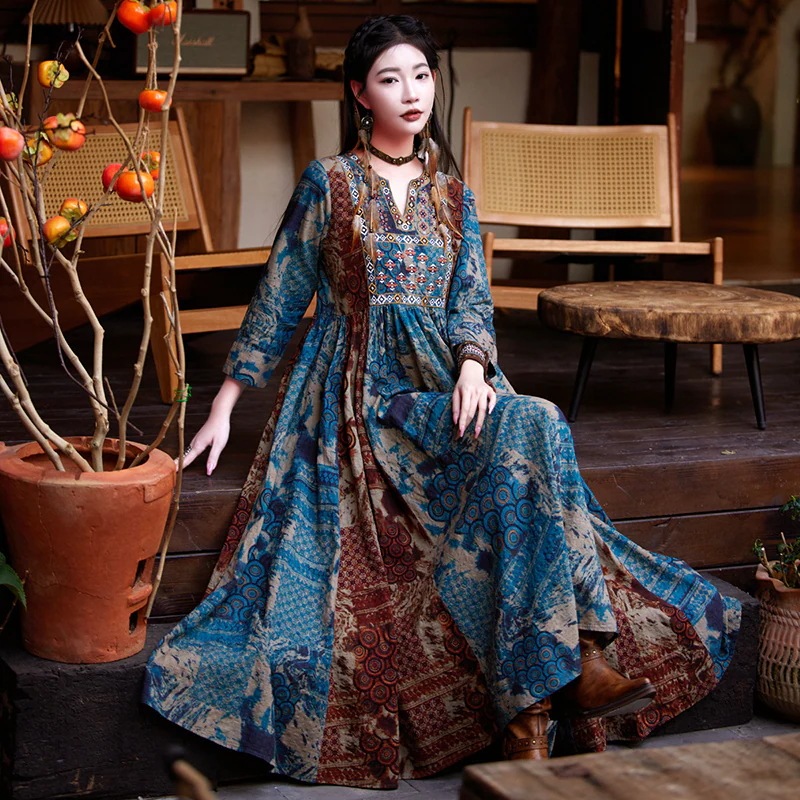 秋新作 レディースワンピース 刺繍ワンピース レトロワンピース エスニック ロングワンピース