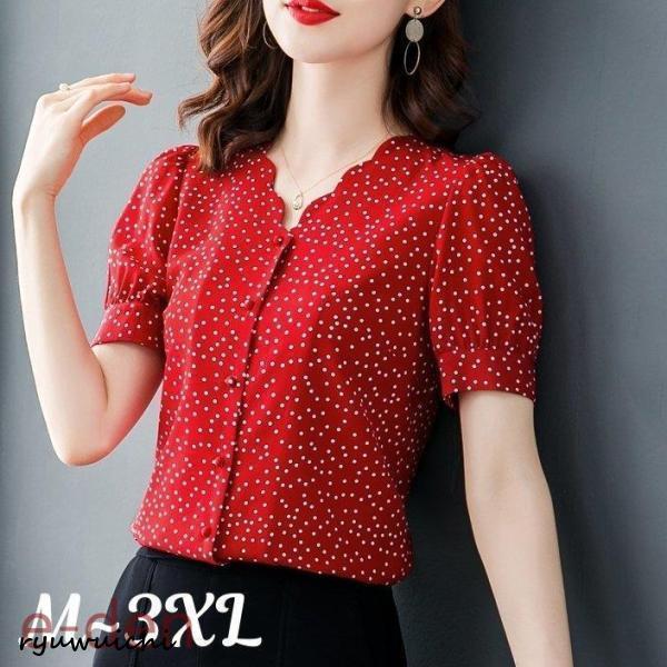 新品-発送迅速ブラウス 半袖 レディース トップス シフォン 水玉柄 赤 シャツ Vネック ボタン 前開き