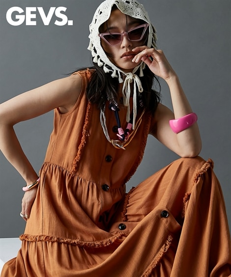 ロング・マキシ丈/半袖 レーヨン麻フリンジティアードロングワンピース 大きいサイズ有 GEVS.