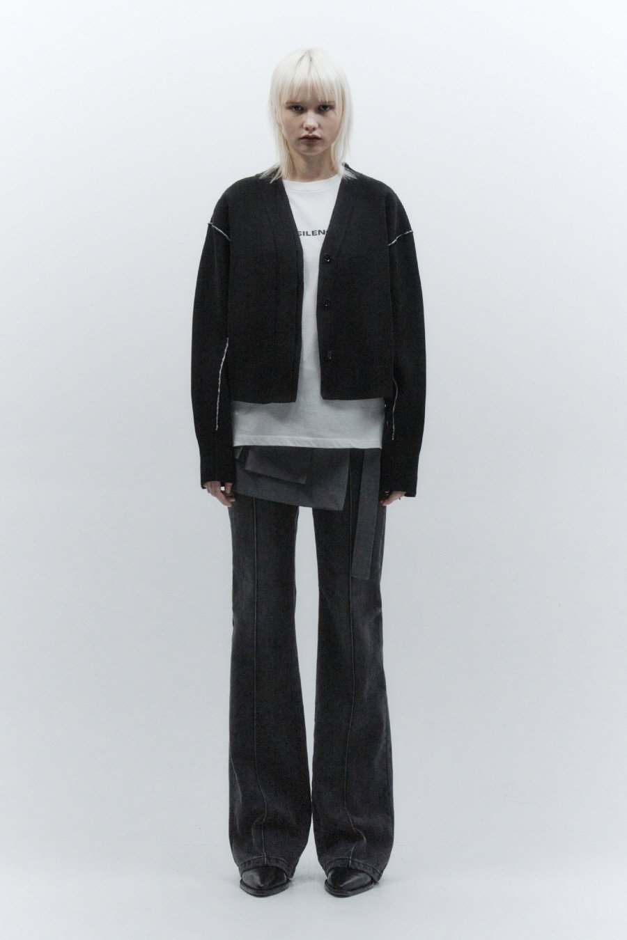 【INSILENCE】 DOUBLE LAYERED UNBALANCED CARDIGAN : BLACK
