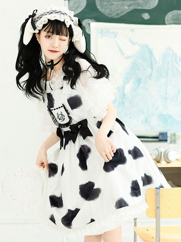 【短納期】スイートロリータJSKドレスポリエステルノースリーブ弓ティーパーティー牛パターンちょう結びロリータジャンパードレス