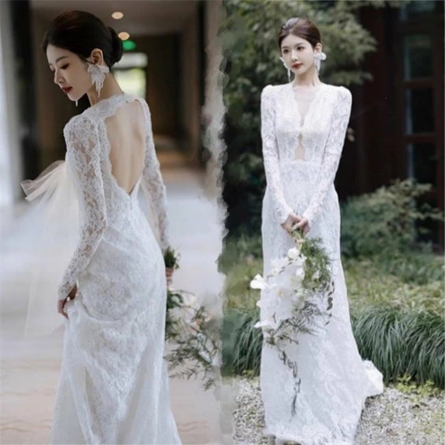 ホワイト　ロング ウェディングドレス 　長袖　総レース　花嫁 結婚式 披露宴 フォマール ドレス シンプル Aライン ウエディング ドレス チュール 可愛い ブライド ドレス 発表会 演奏会 ド