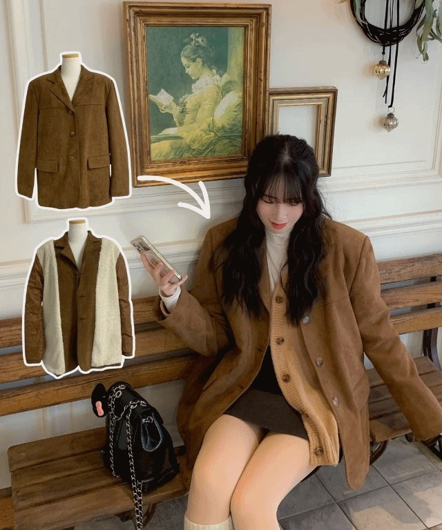 [ボア/キルティングの裏地] 冬 ベーシック スエード オーバーフィット ジャケット jk (2color)