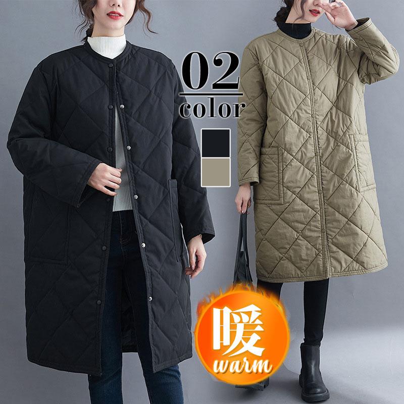 品大人気キルティングコートレディース中綿コート襟なしロング丈キルティング無地軽量大きいサイズ暖かいアウターあったかゆったり