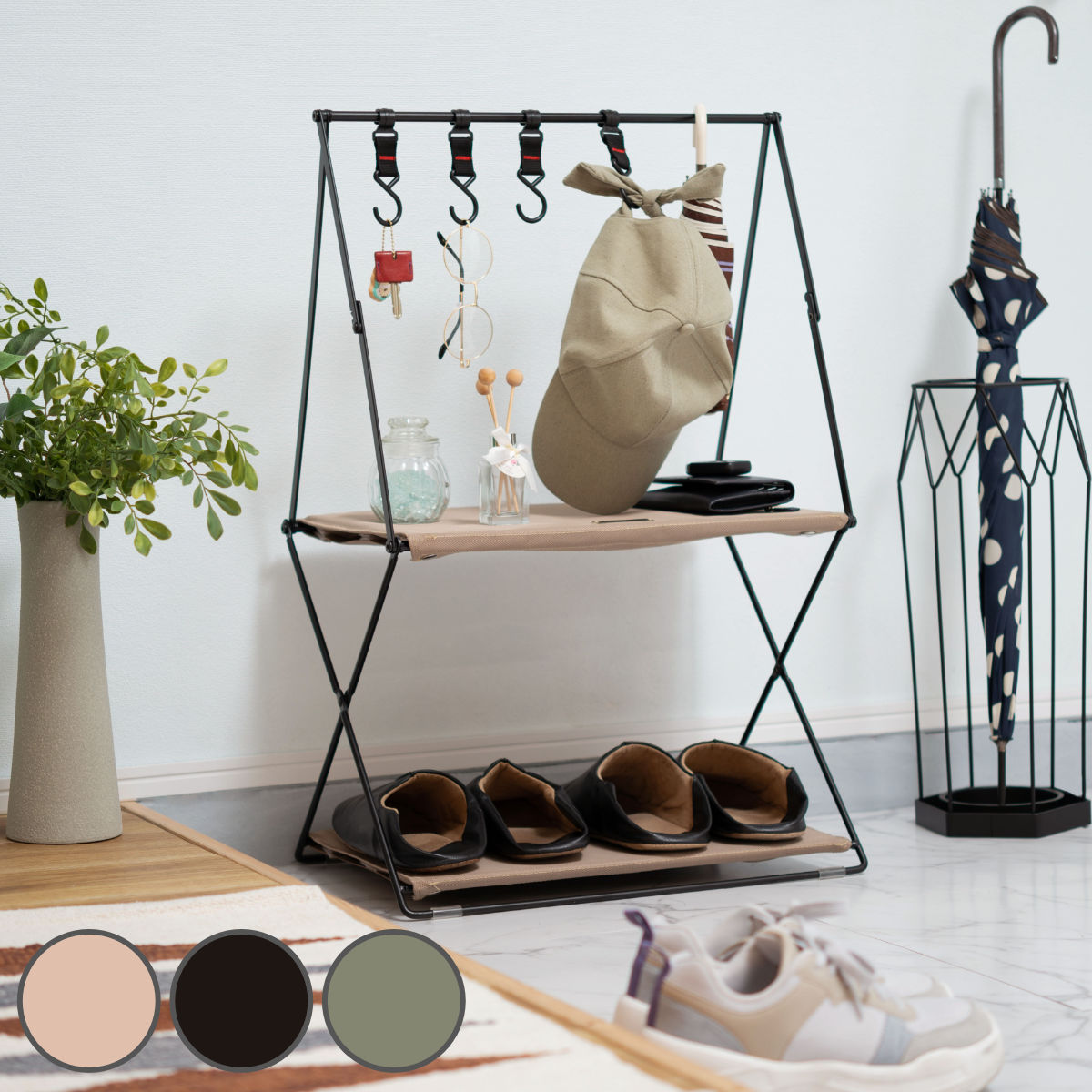 フォールディングハンギングラック 幅47x奥行33x高さ71cm 折りたたみ ラック オープンラック 収納 吊るす 引っ掛ける ディスプレイ 2段 収納棚 フック 植物 飾る 棚 小物収納