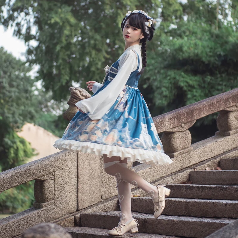 JSK ロリータスカート中国風ハイウエスト サスペンダードレスロリータドレスプリンセススタイルドレス