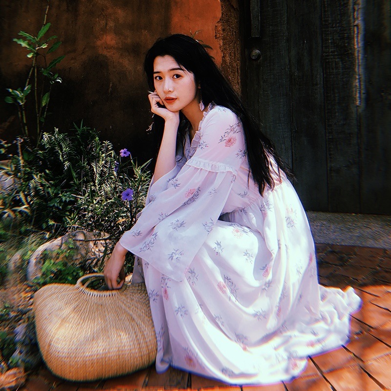 1198．花柄シフォンロングワンピース（ホワイト）