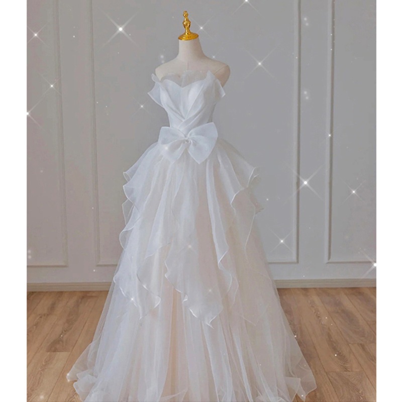ミディアムドレス パーティードレス 通気性 卒業式ドレス 入学式 結婚式ドレス 白い軽量ウェディングドレス新作小柄な花嫁向けシンプルで上品なチューブトップのロングドレス