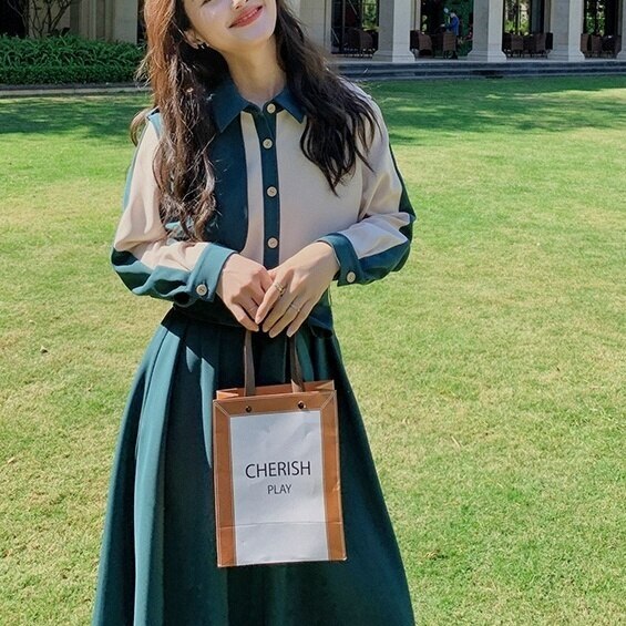 レディース ワンピース ドレス ドッキングデザイン 切り替え シャツ ウエストマーク 着痩せ