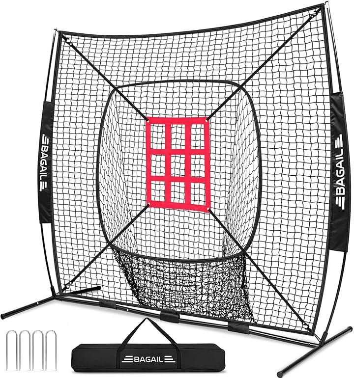 BAGIL野球ネット ベースボールネット 練習用 バッティングネット ピッチングネット スチール製 野球器具 硬式/軟式対応 打撃 (レッド/ブラック（丸穴）, 212x212x108)